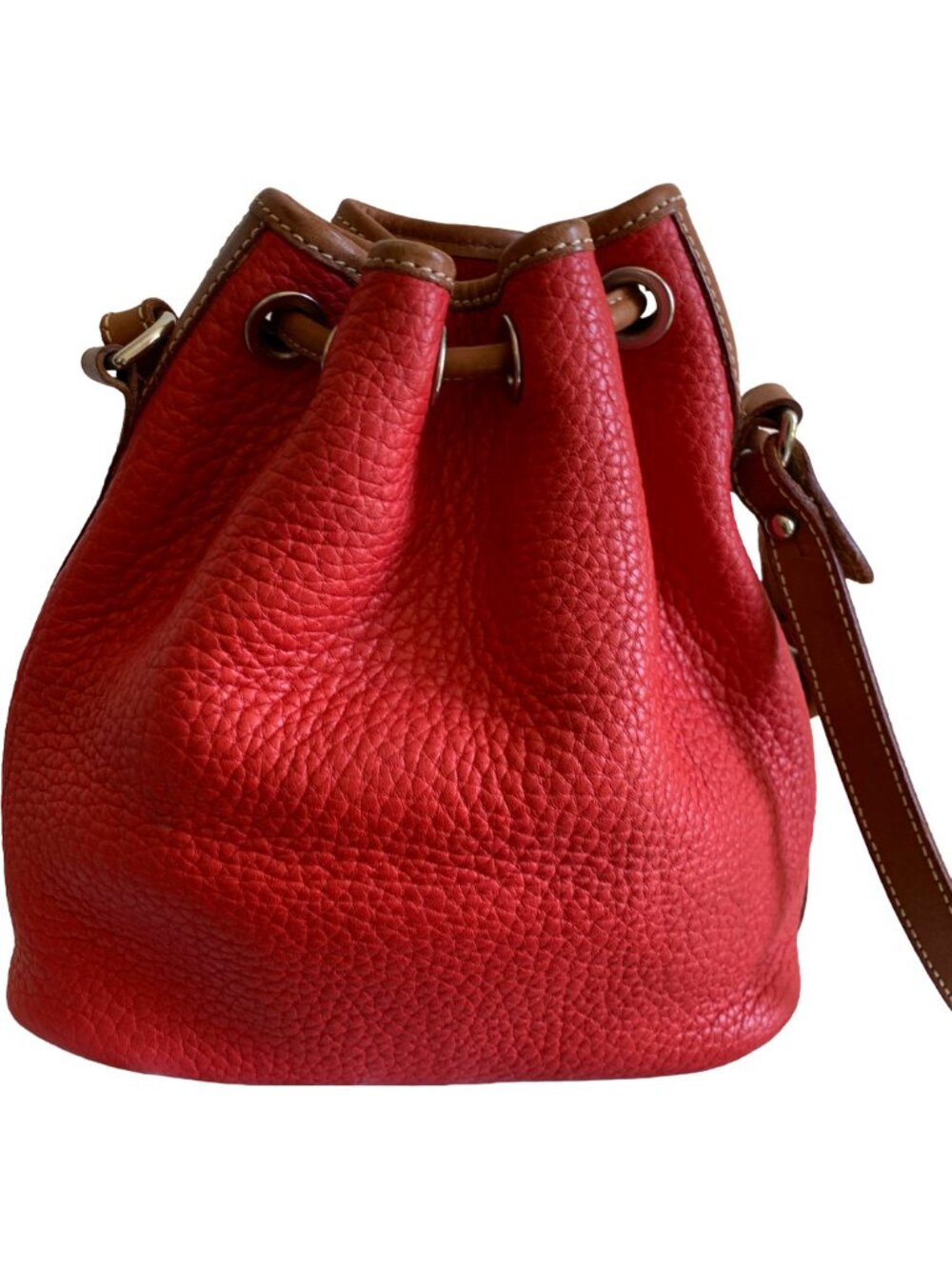 DOONEY & BOURKE Vintage Red & Tan Small Drawstring Bucket Pebbled Leather Bag - Picture 3 of 11